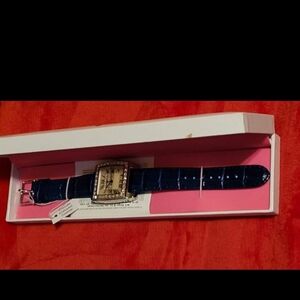 Isaac Mizrahi Live Gold Tone Dial Square Silver Tone Case Blue Leather Bnd Watch